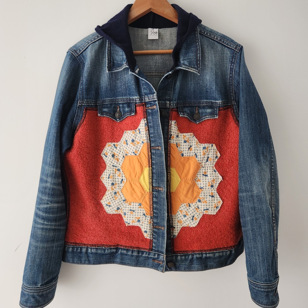 Upcycled Denim And Patchwork Quilted Trendy Jacket Sz M